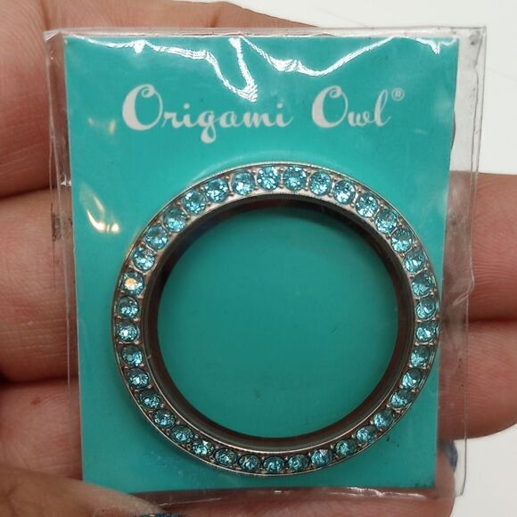 NWT ORIGAMI OWL Lg. Silver Living Locket Face - Turquoise Crystals by Swarovski - Picture 1 of 4